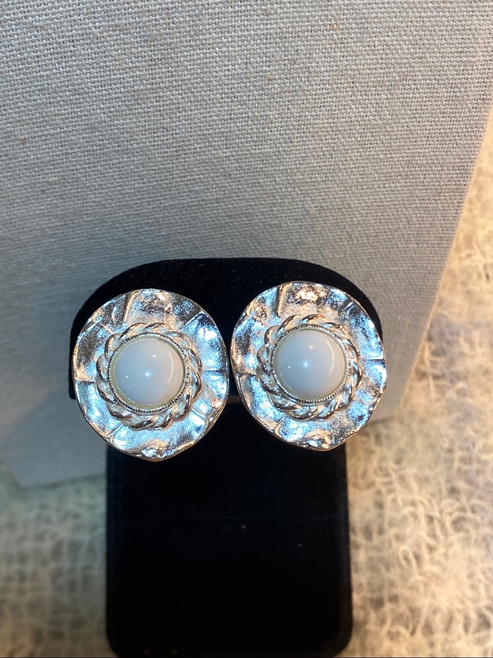 Vintage Vendome White Cabochon Clip-On Earrings Silver Tone